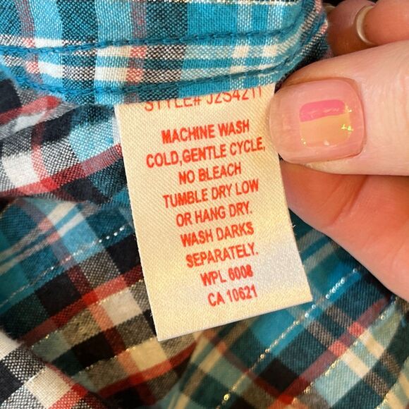 Panhandle Slim Blue Turquoise Plaid Medium Pearl Snap Western Shirt Embroidered - Picture 9 of 9